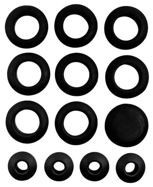 Schwarze Gummiringe in verschiedenen Größen, angeordnet in mehreren Reihen. Die Ringe sind für den Einsatz in Produkten der Marke Wolf vorgesehen.